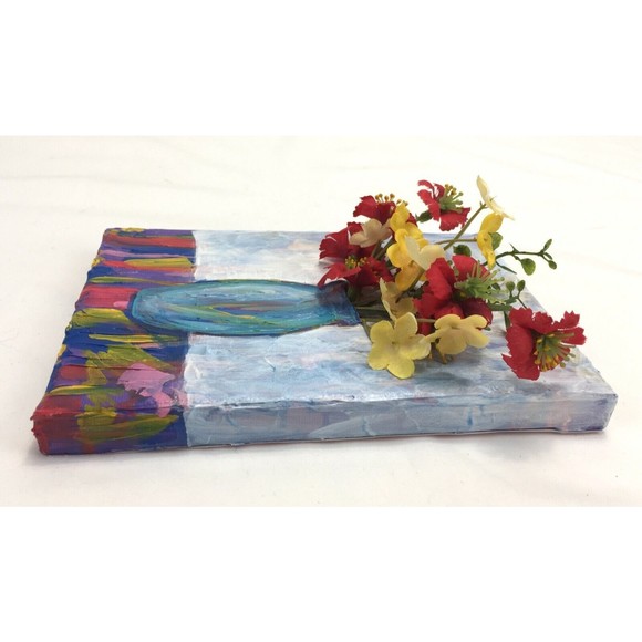 Original Art Floral Mixed Media Acrylic Painting Colorful Decor Red Yellow 7 x 5 - Picture 4 of 6